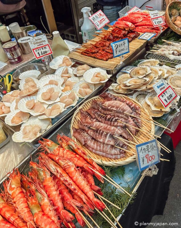 Kuromon Market in Osaka seafood stall