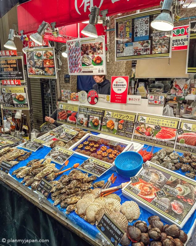 Kuromon Market in Osaka seafood stall