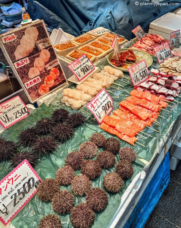 Kuromon Market in Osaka seafood stall
