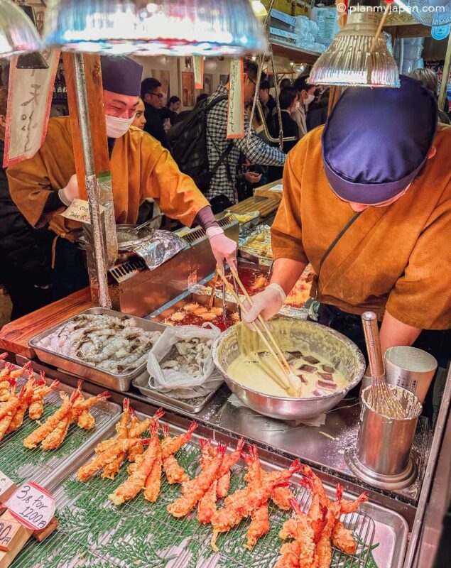 prawn tempura stall Nishiki Market Kyoto Japan
